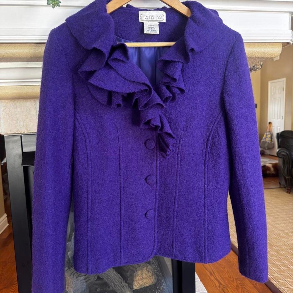 Mandal Bay royal purple wool structured wool jacket ruffle neckline retro 90s